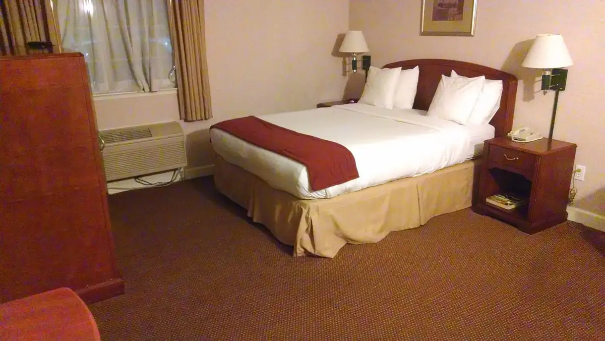 Queen bed with headboard, nightstands, and lamps in a typical hotel room